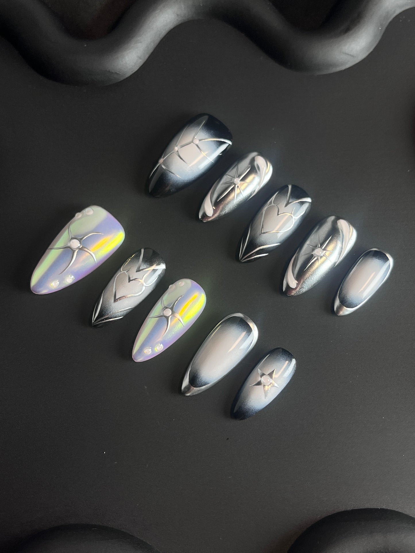 Star Metal Almond Silver Ombre Nails