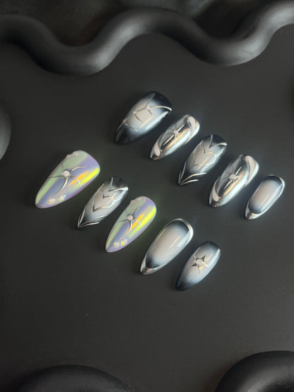 Star Metal Almond Silver Ombre Nails