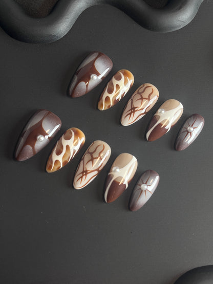 Brown Abstract Almond Ombre Nails