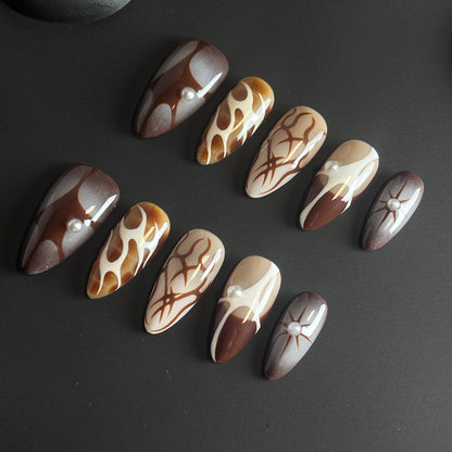 Brown Abstract Almond Ombre Nails