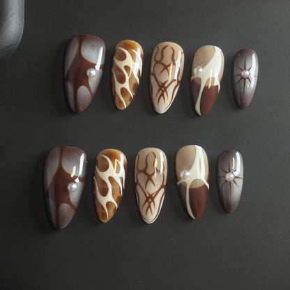 Brown Abstract Almond Ombre Nails