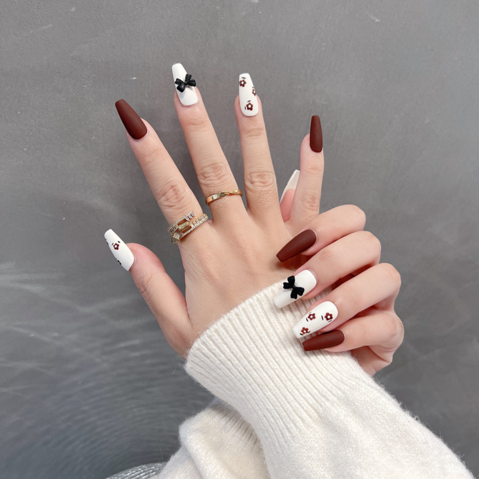 Brown and White Nails Matte With Flowers