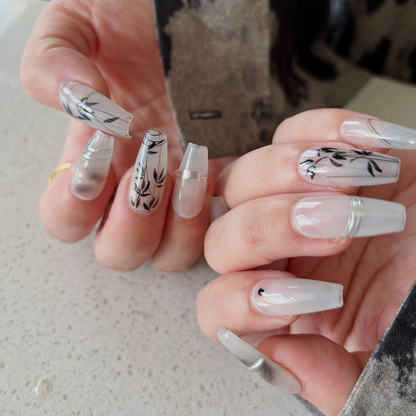 Milky White Acrylic Nails Bamboo Elegant Art