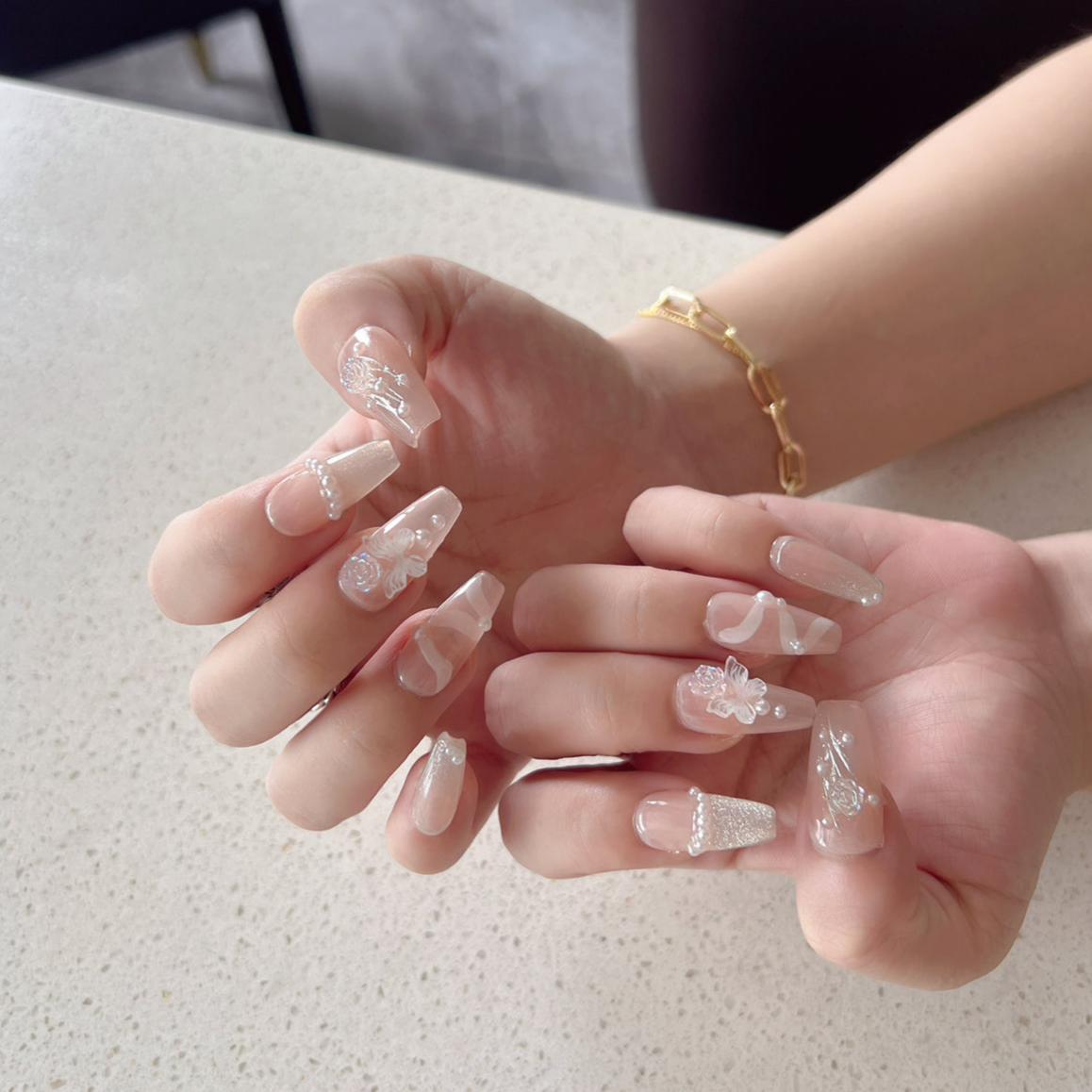 Nails with Butterflies Nude Pearl for Wedding