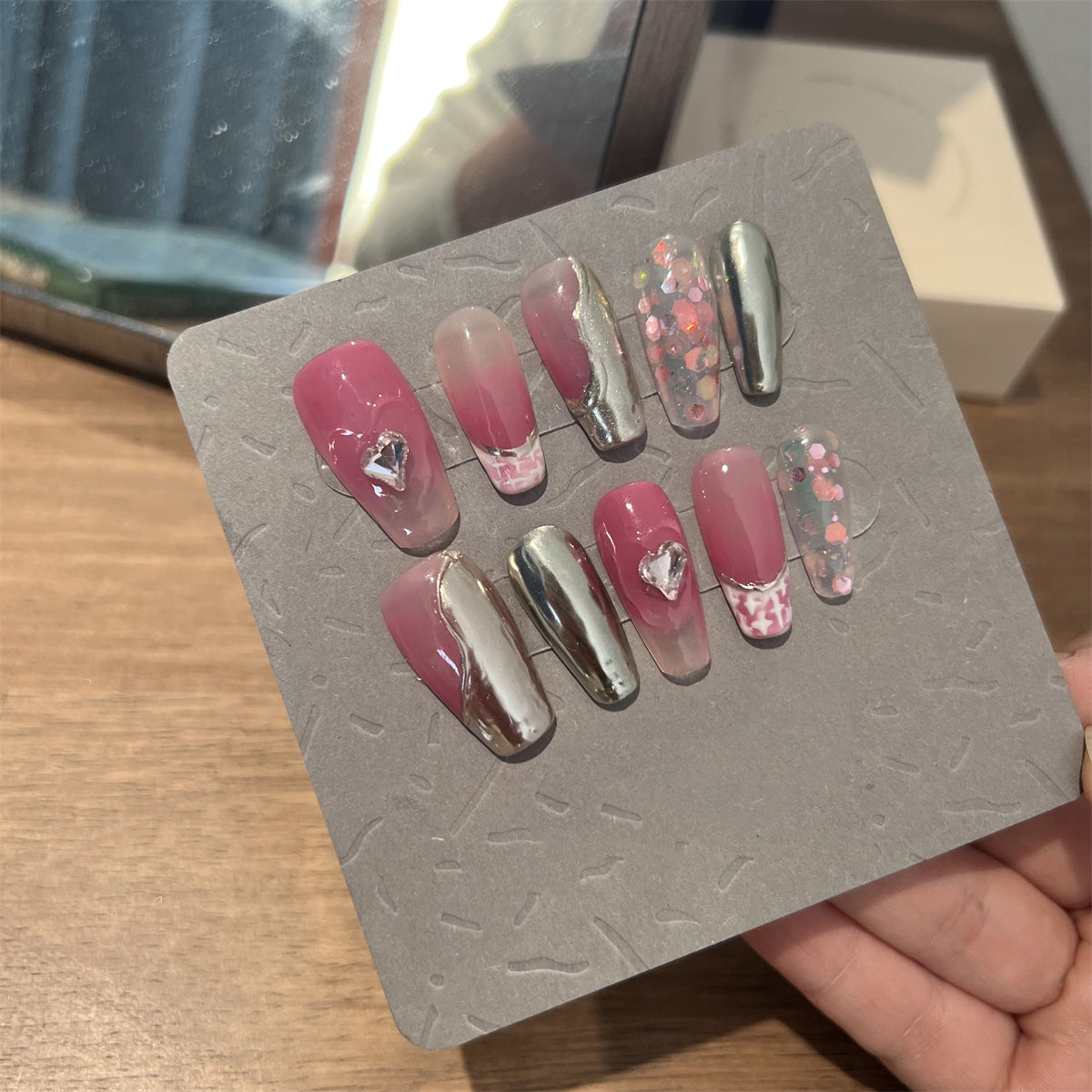 Coffin Pink Acrylic Nails Sparkle Chrome Art