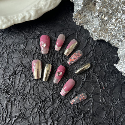 Coffin Pink Acrylic Nails Sparkle Chrome Art