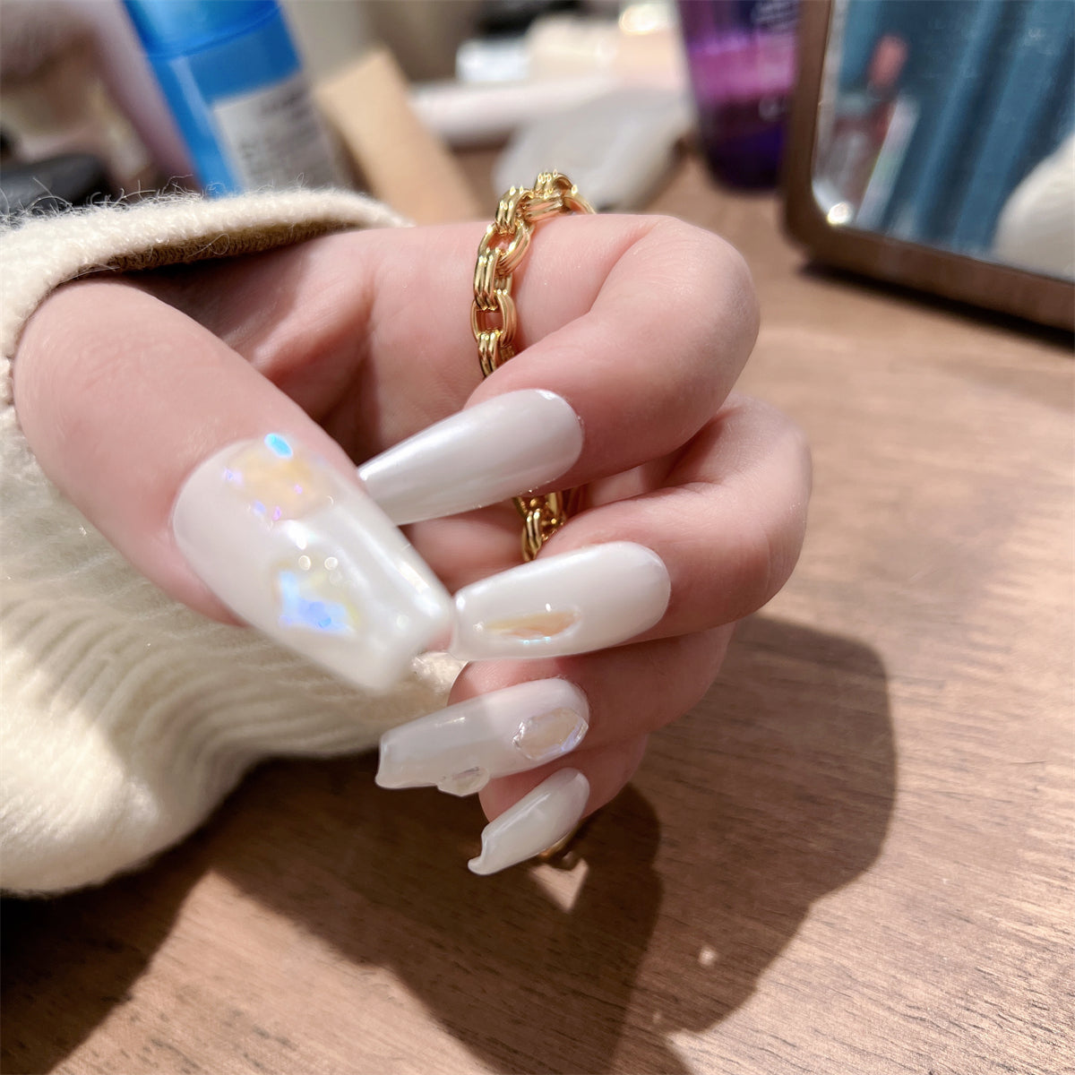 Pearl White Coffin Nails Press On Wedding