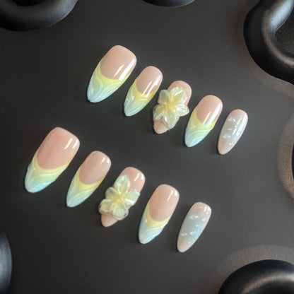 3D Flower Almond Blue Ombre Nails