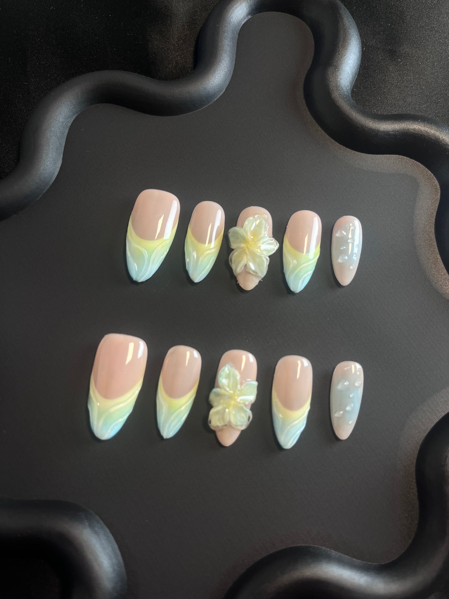 3D Flower Almond Blue Ombre Nails