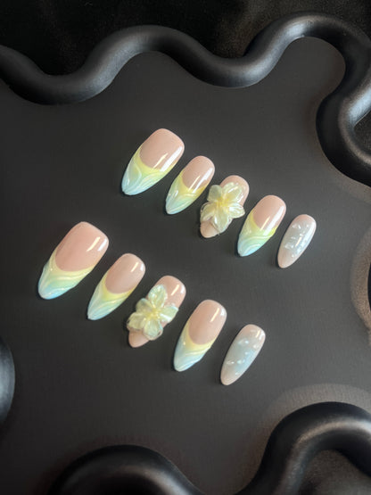 3D Flower Almond Blue Ombre Nails