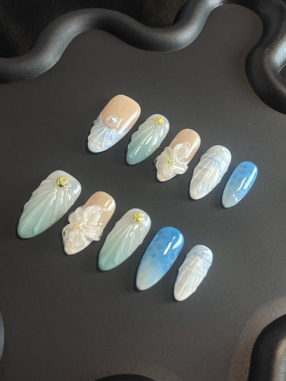 3D Beach Almond Orange Ombre Nails