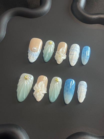 3D Beach Almond Orange Ombre Nails