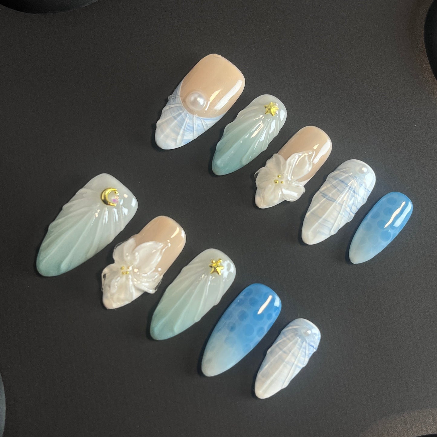 3D Beach Almond Orange Ombre Nails