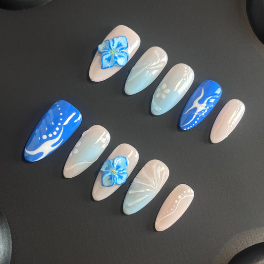 3D Hawaiian Almond Blue Ombre Nails