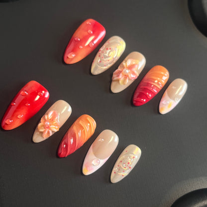 Sunset Flower Almond Red Ombre Nails