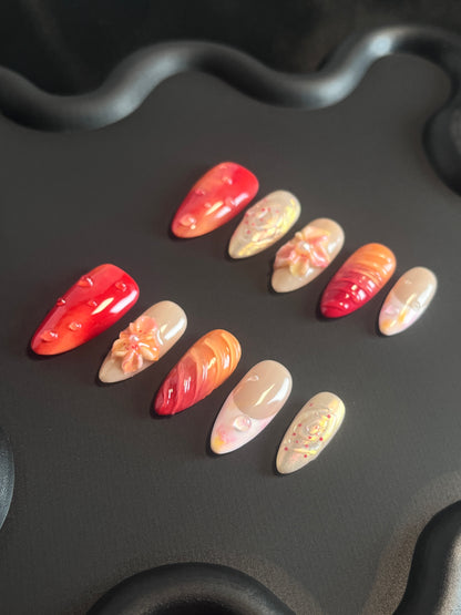 Sunset Flower Almond Red Ombre Nails