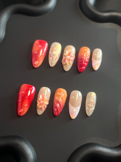 Sunset Flower Almond Red Ombre Nails