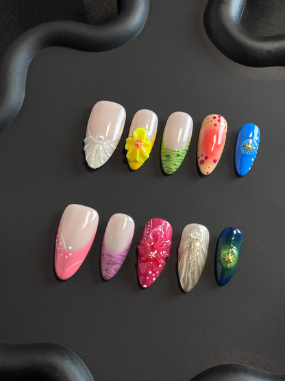 3D Tropical Bright Almond Ombre Nails