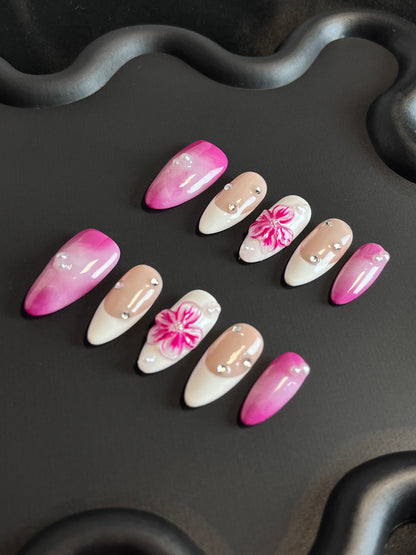 Bright Flowers Almond Pink Ombre Nails