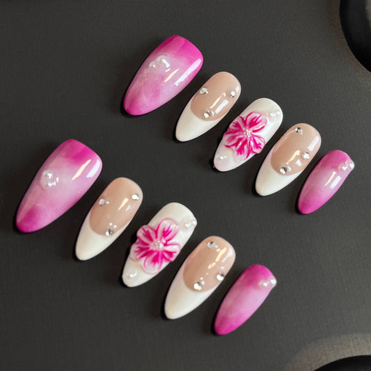 Bright Flowers Almond Pink Ombre Nails