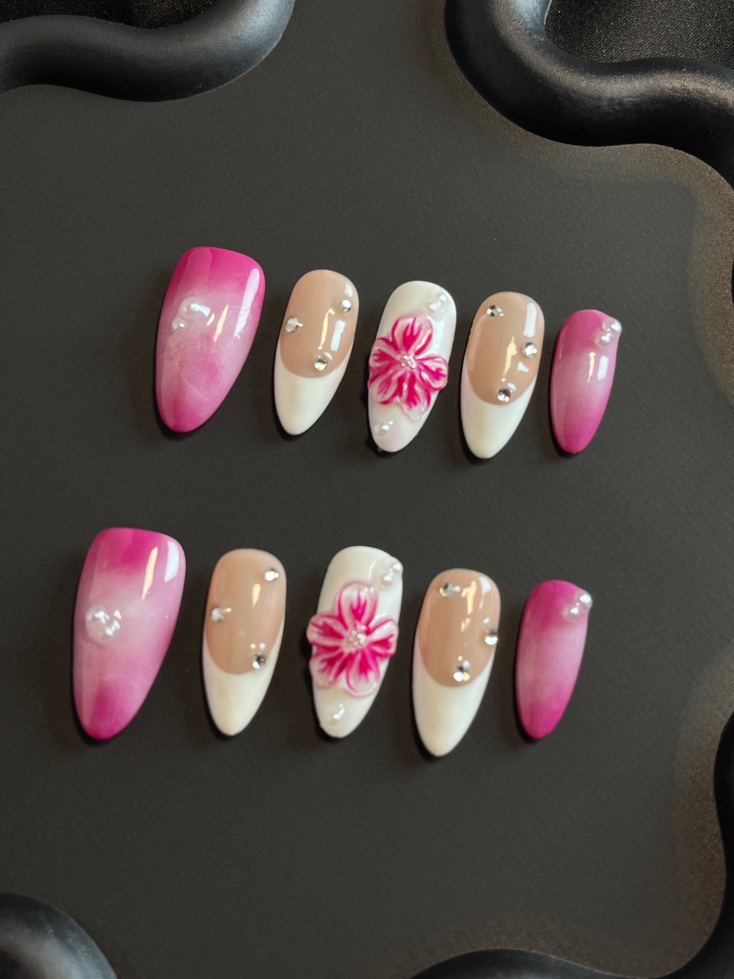 Bright Flowers Almond Pink Ombre Nails