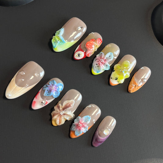 Tropical Flowers Almond Colorful Ombre Nails