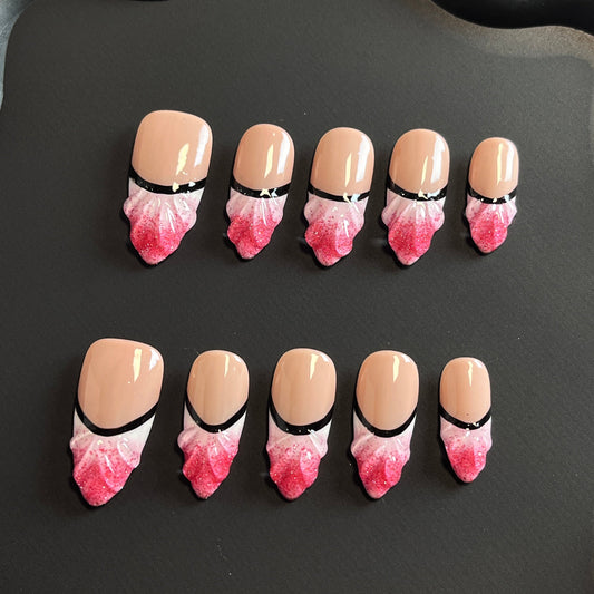 3D French Almond Pink Ombre Nails