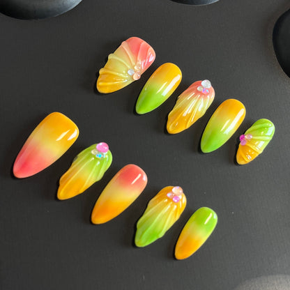 3D Shell Almond Yellow Ombre Nails