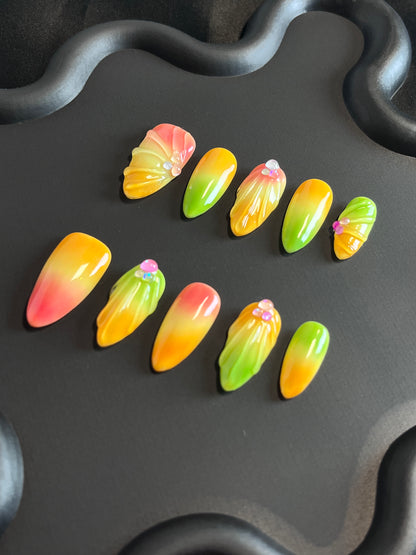 3D Shell Almond Yellow Ombre Nails