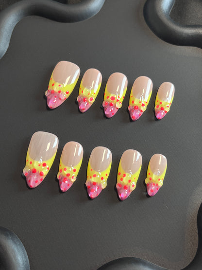 Polka Dots French Almond Yellow Ombre Nails