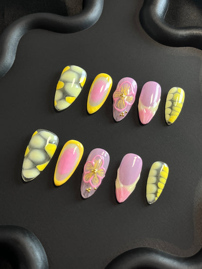 Crocodile Flower Almond Yellow Ombre Nails