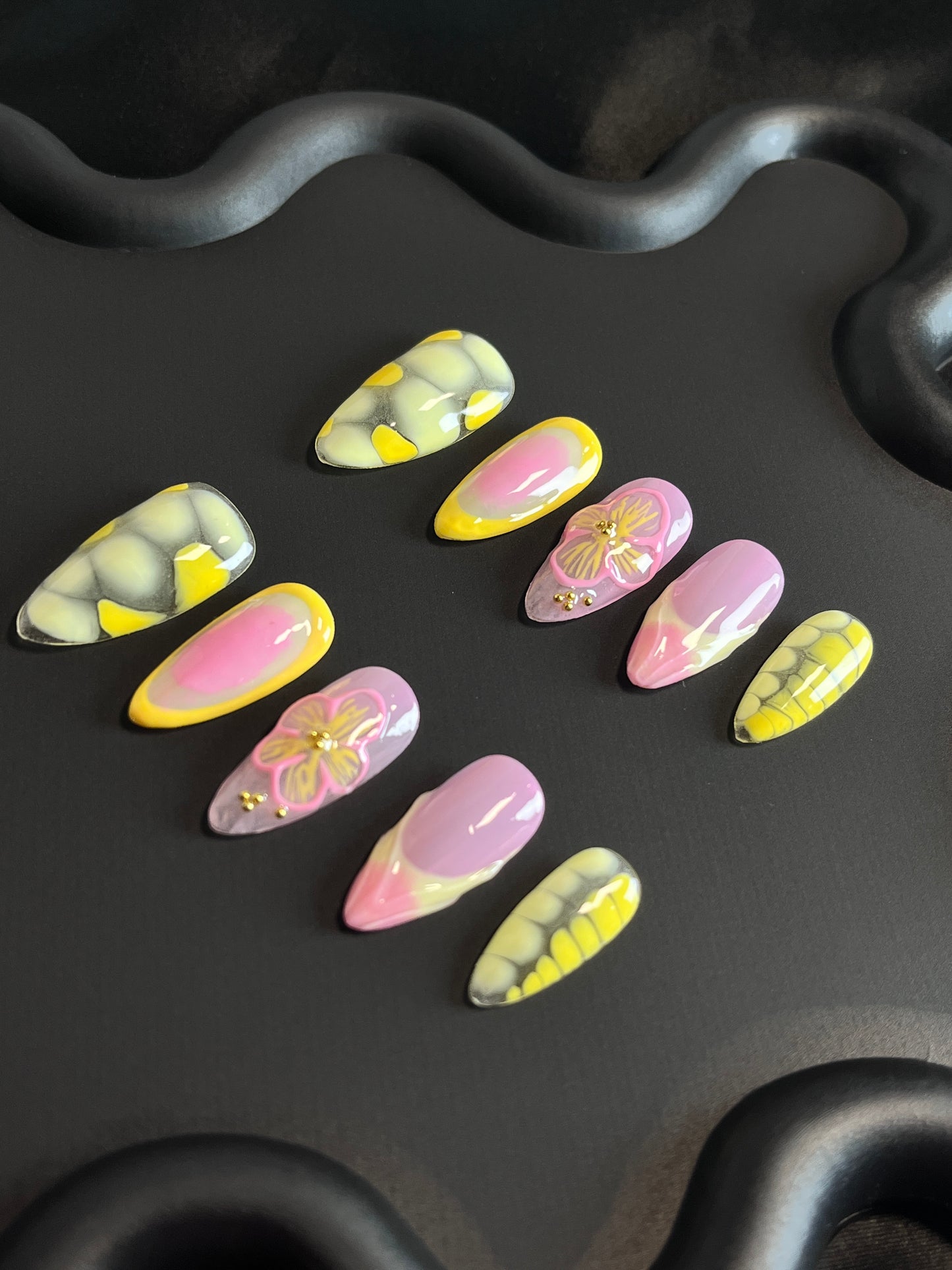 Crocodile Flower Almond Yellow Ombre Nails