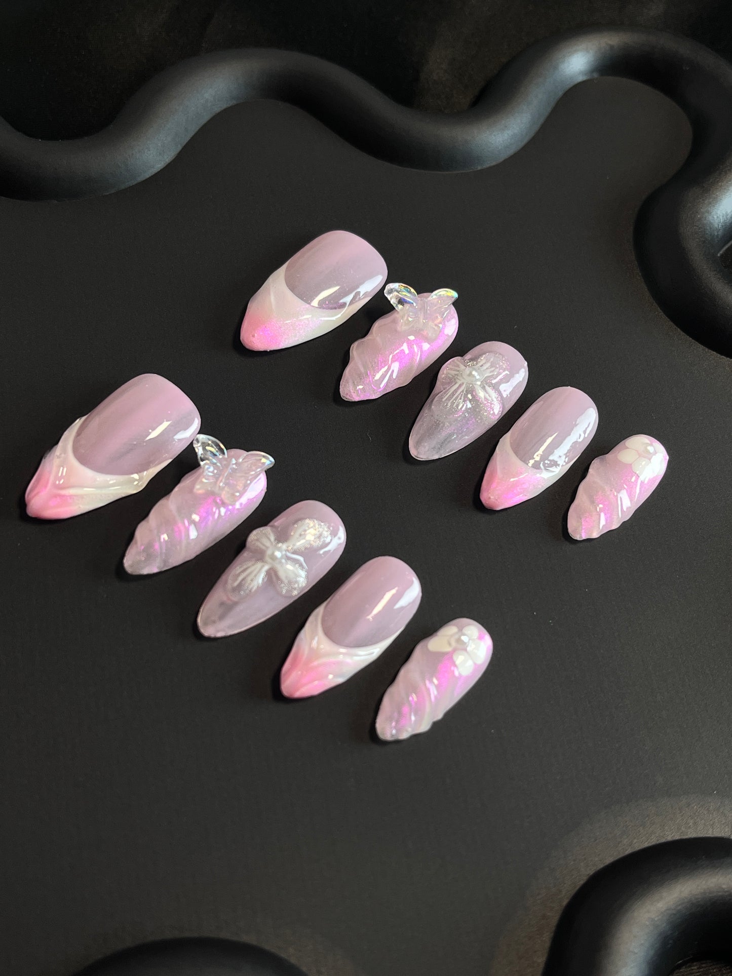 Iridescent French Almond Pink Ombre Nails