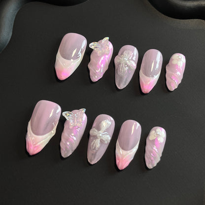 Iridescent French Almond Pink Ombre Nails