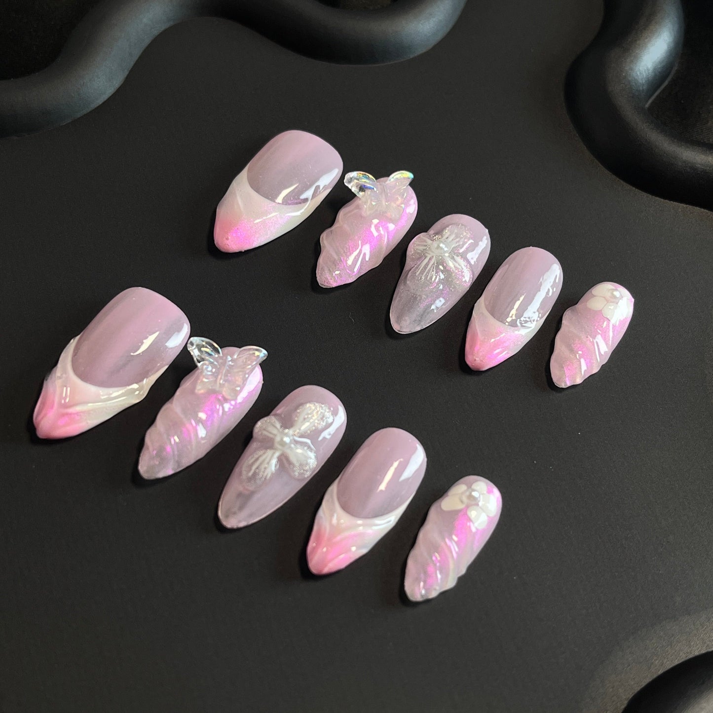 Iridescent French Almond Pink Ombre Nails