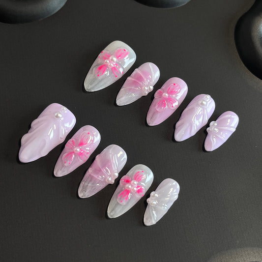 3D Flower Almond Blush Ombre Nails