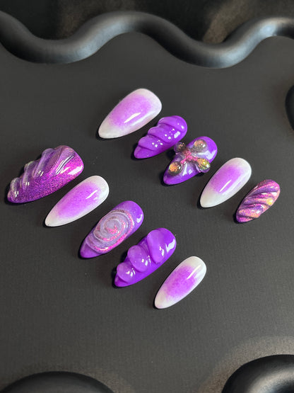 3D Glitter Almond Purple Ombre Nails