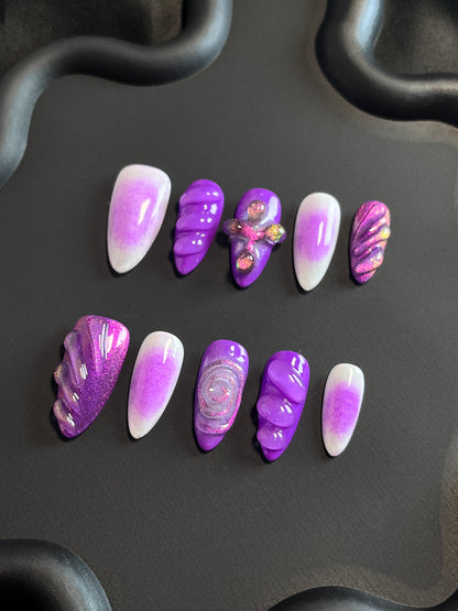 3D Glitter Almond Purple Ombre Nails