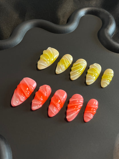 Red And Yellow 3D Almond Ombre Nails