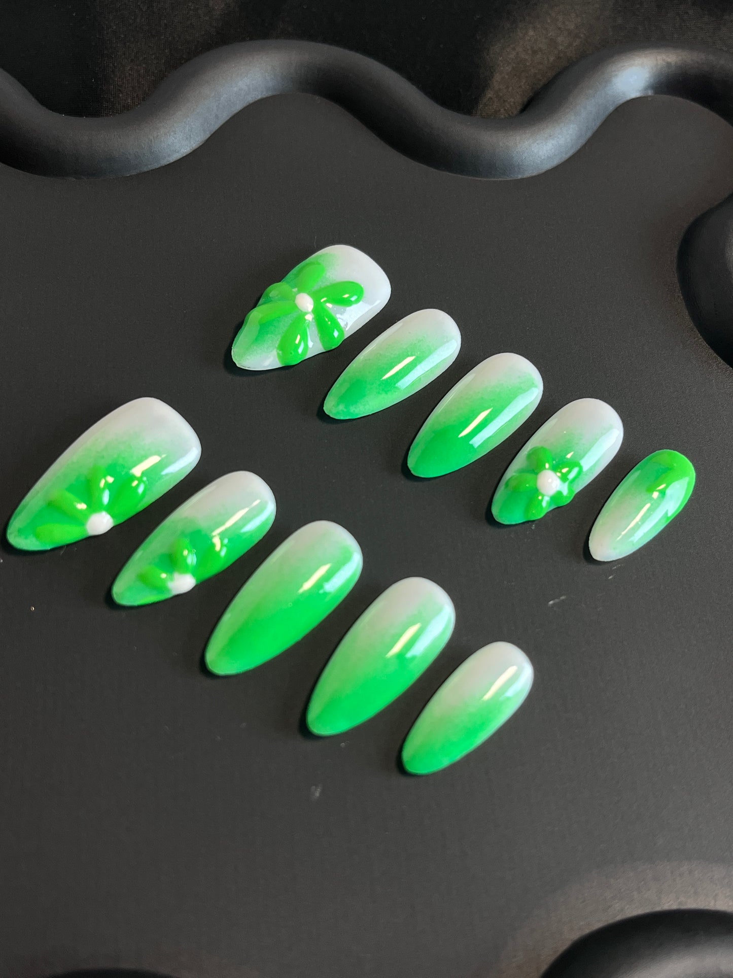 3D Daisy Neon Green Almond Ombre Nails