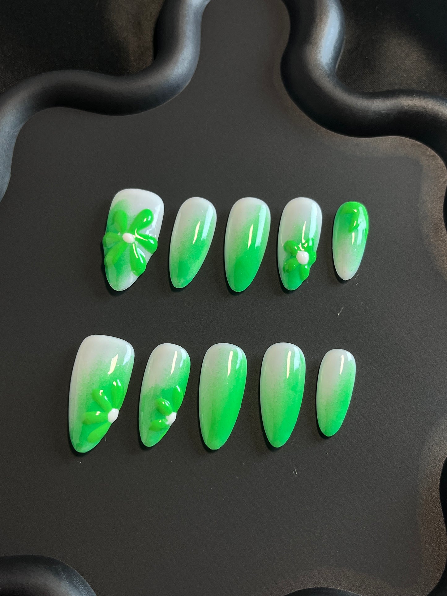 3D Daisy Neon Green Almond Ombre Nails