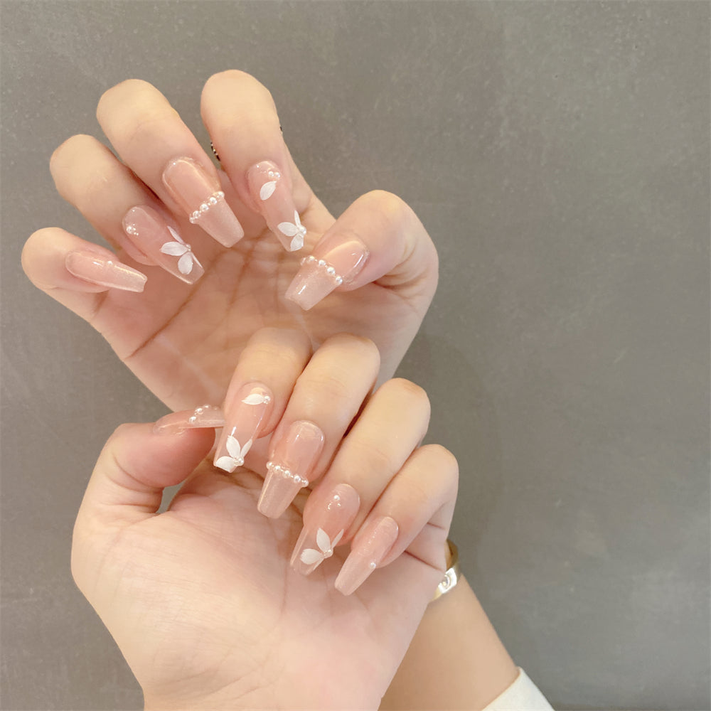 Nude Pink Coffin Nails Pearl Designs