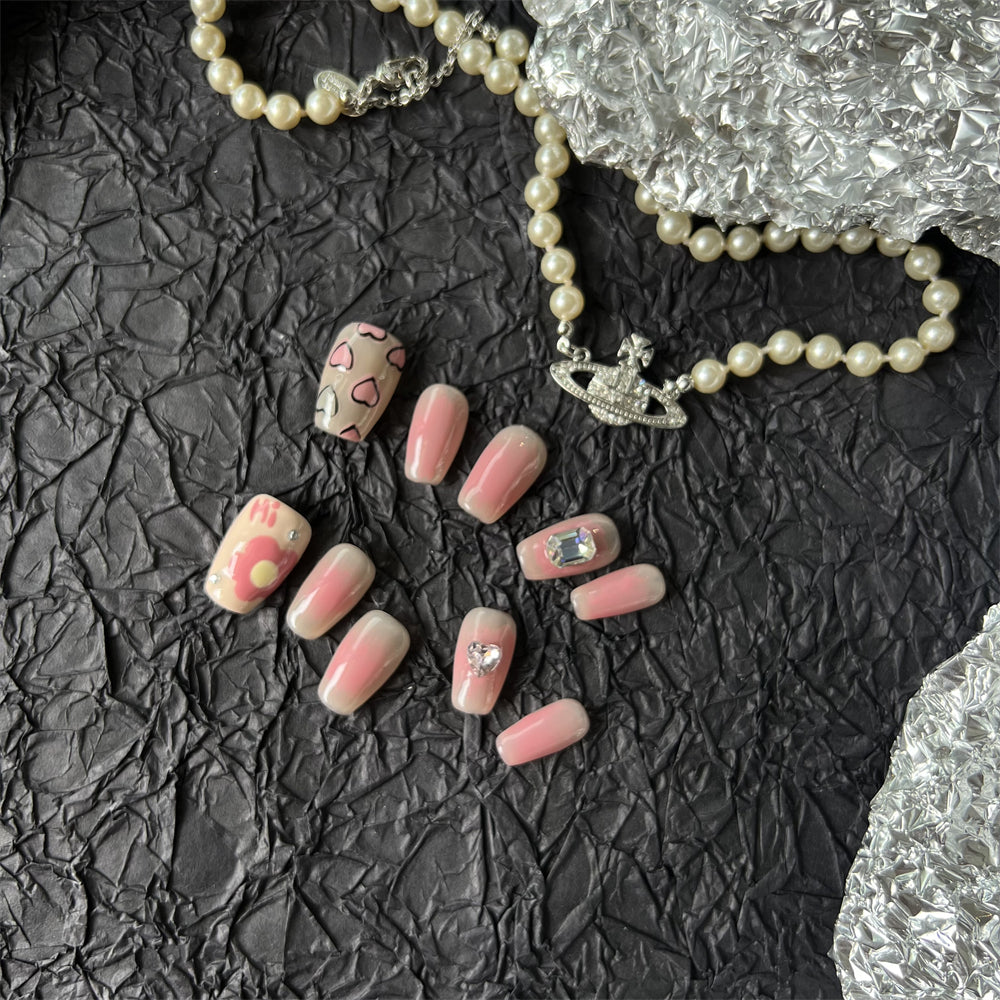 Korean Blush Nails Diamonds Ombre Press on