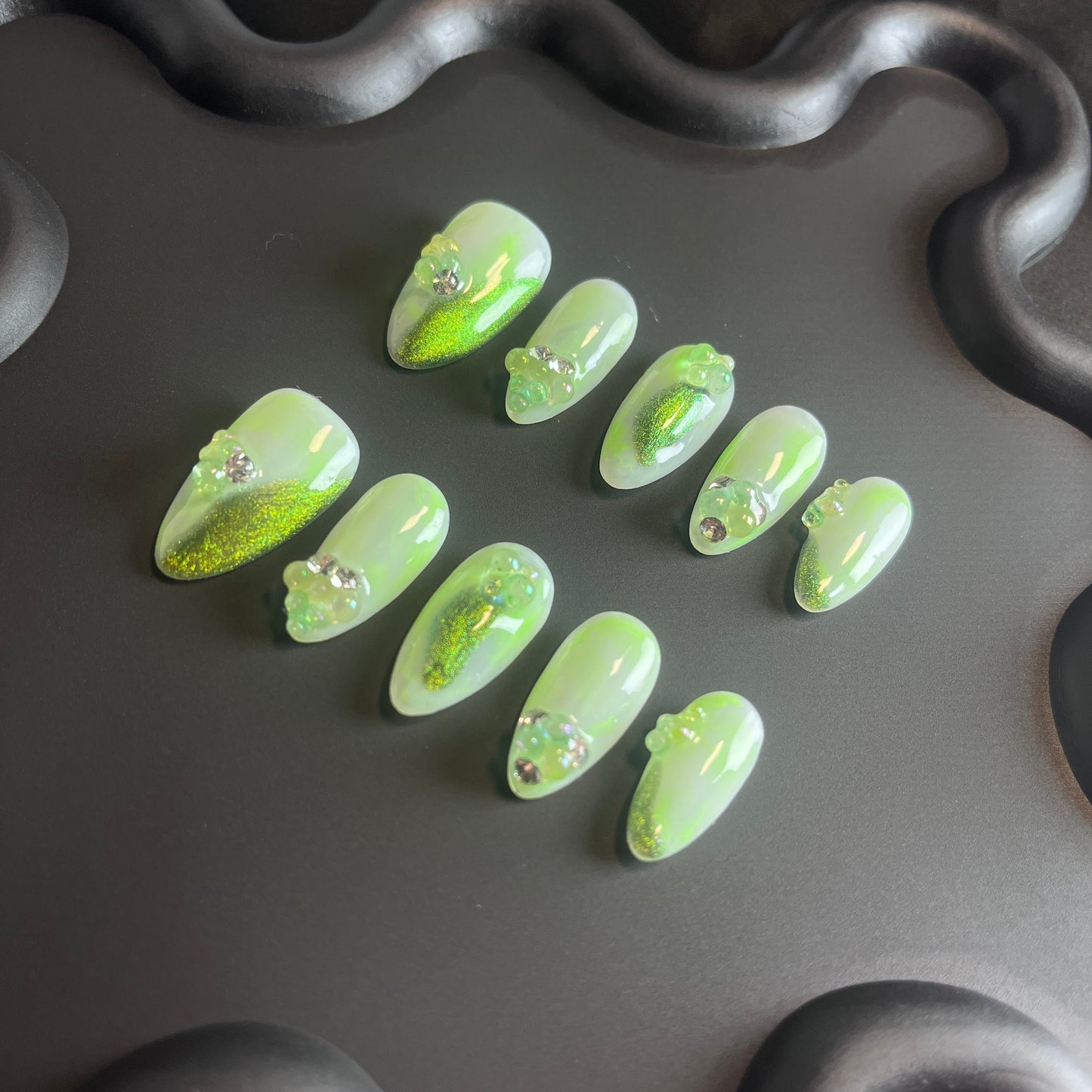 Glitter Jelly Almond Green Ombre Nails