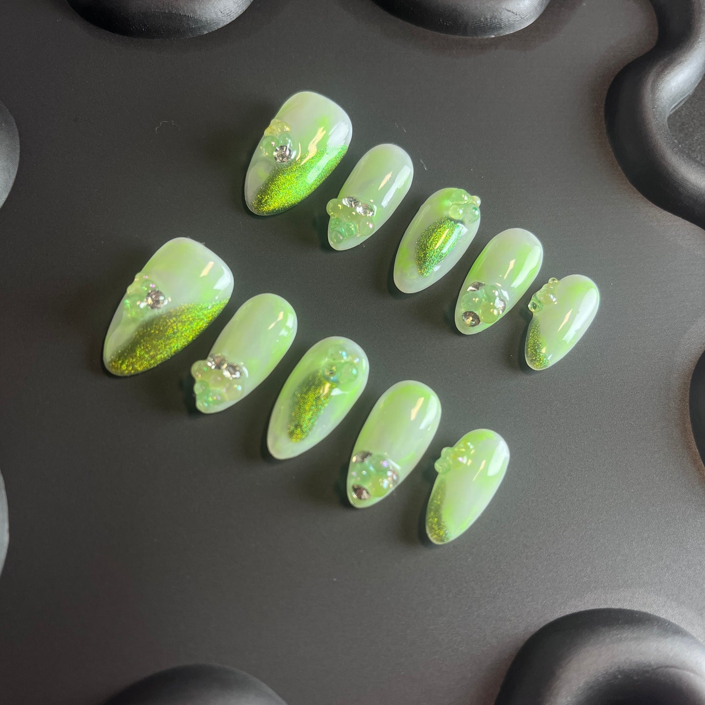 Glitter Jelly Almond Green Ombre Nails