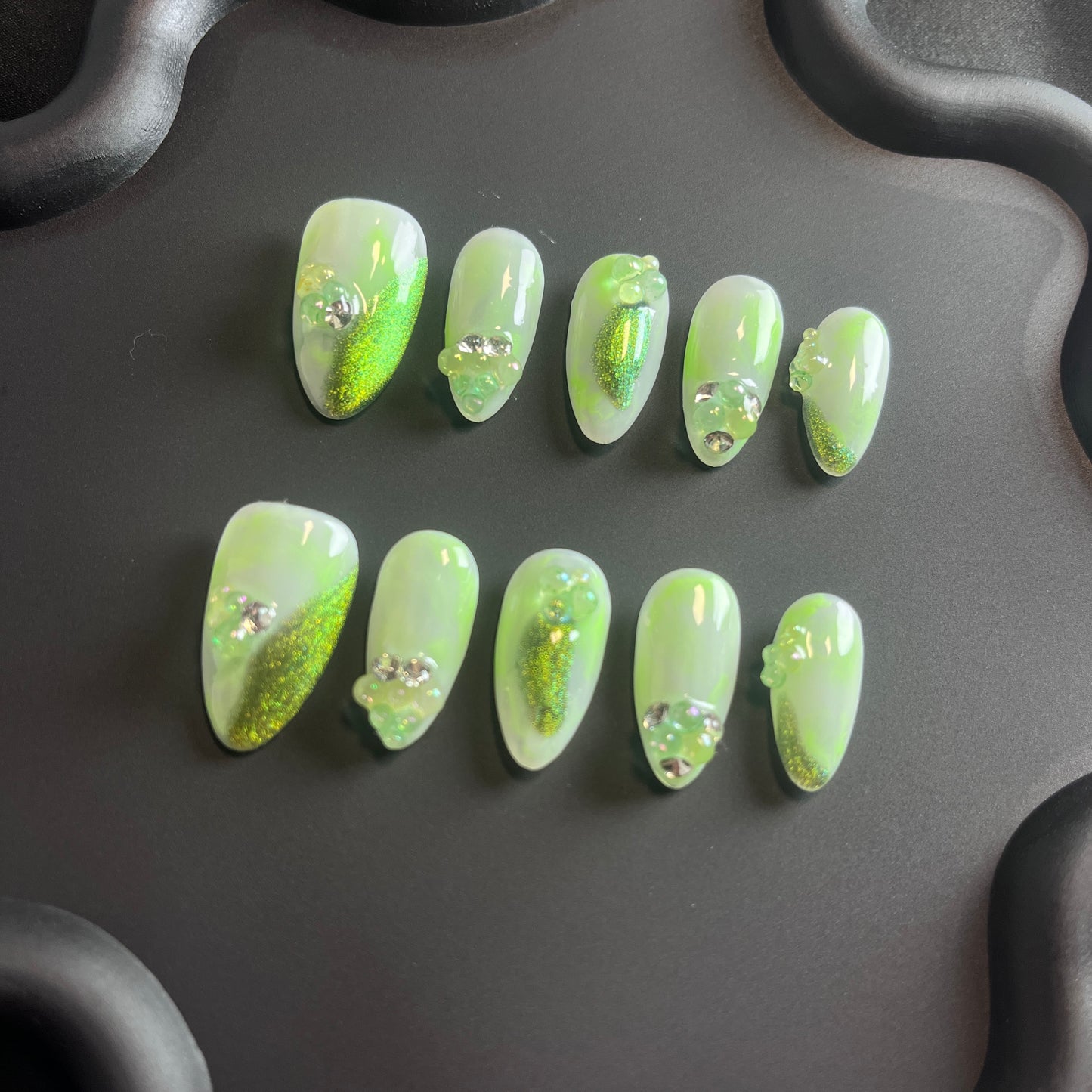 Glitter Jelly Almond Green Ombre Nails