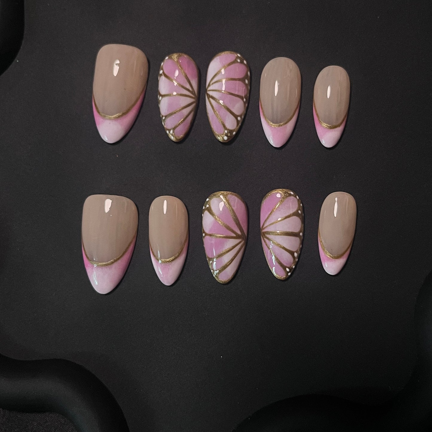 Butterfly Wing French Almond Pink Ombre Nails