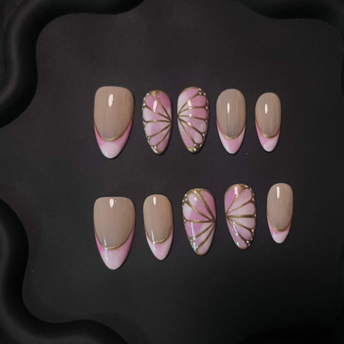 Butterfly Wing French Almond Pink Ombre Nails