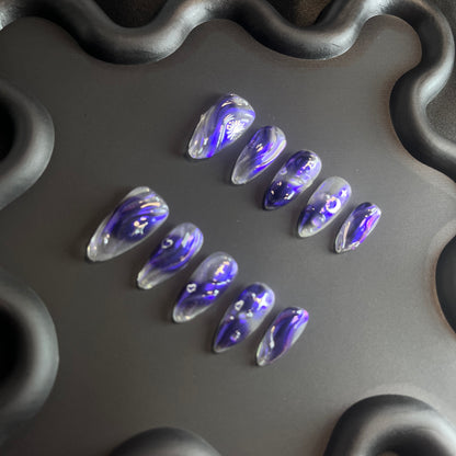 3D Swirl Almond Deep Purple Ombre Nails