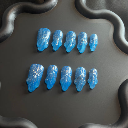 3D Glitter Almond Blue Ombre Nails